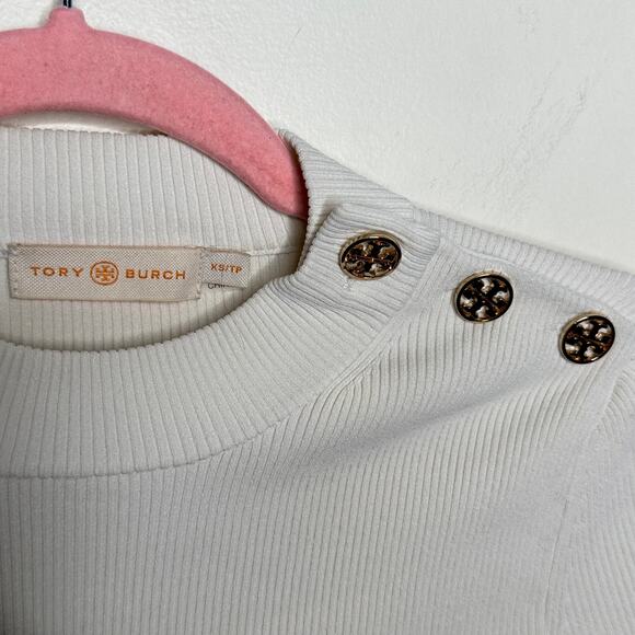 TORY BURCH Carey Mockneck Sweater Ivory Gold Logo Buttons {3Q54} - Picture 6 of 7